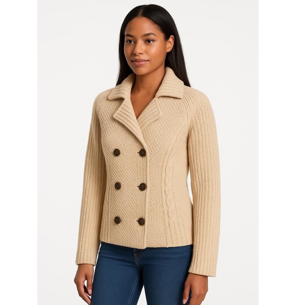 Sisters‎ RN84333 Cream Double-Breasted Notched Lapel Peacoat Sweater